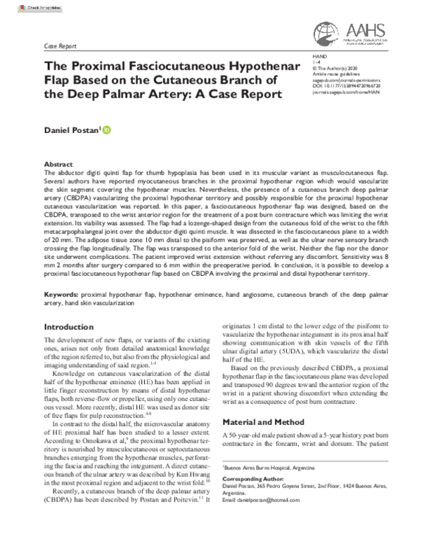 The Proximal Fasciocutaneous Hypothenar Flap Based on the Cutaneous Branch of the Deep Palmar Artery: A Case Report