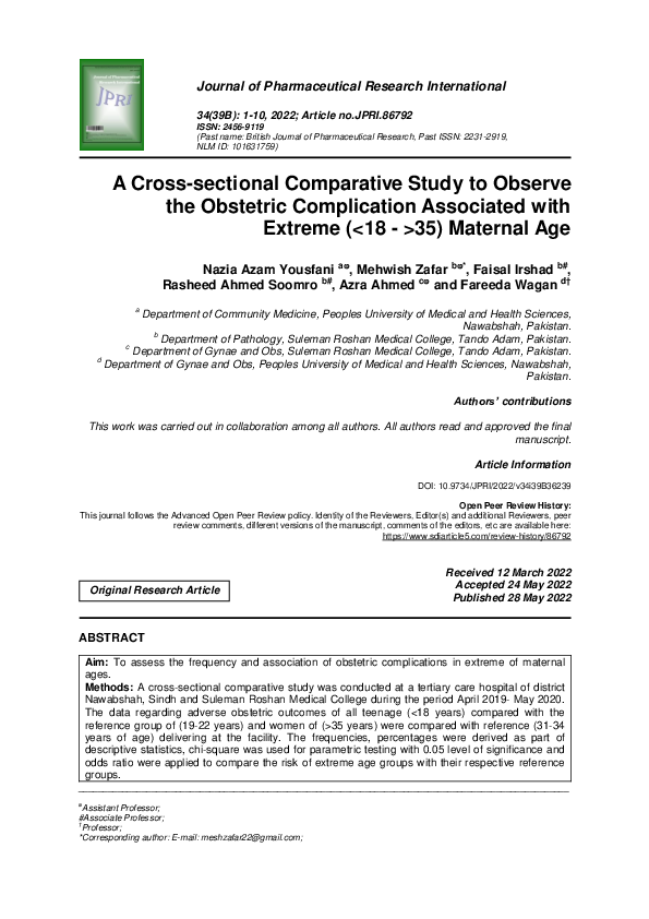 (PDF) A Cross-sectional Comparative Study to Observe the Obstetric ...