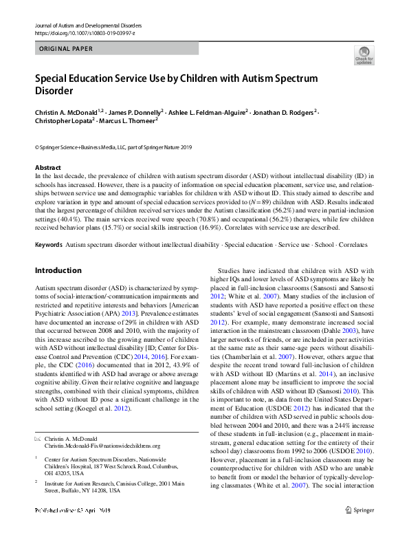 (PDF) Special Education Service Use by Children with Autism Spectrum ...