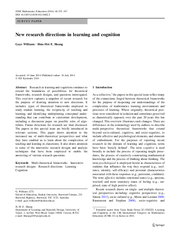(PDF) New research directions in learning and cognition