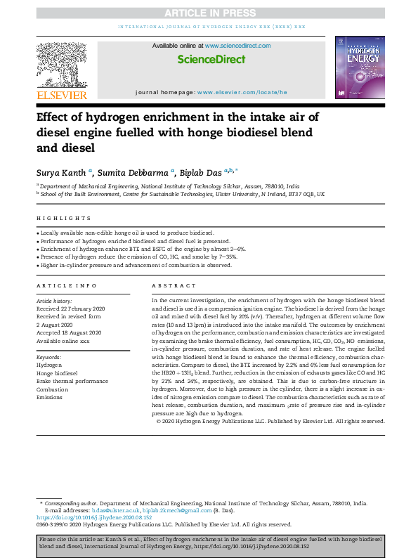 (PDF) Effect of hydrogen enrichment in the intake air of diesel engine ...