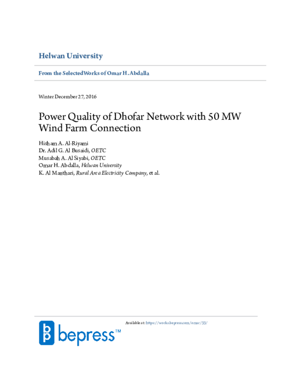 (PDF) Power quality of Dhofar network with 50 MW wind farm connection