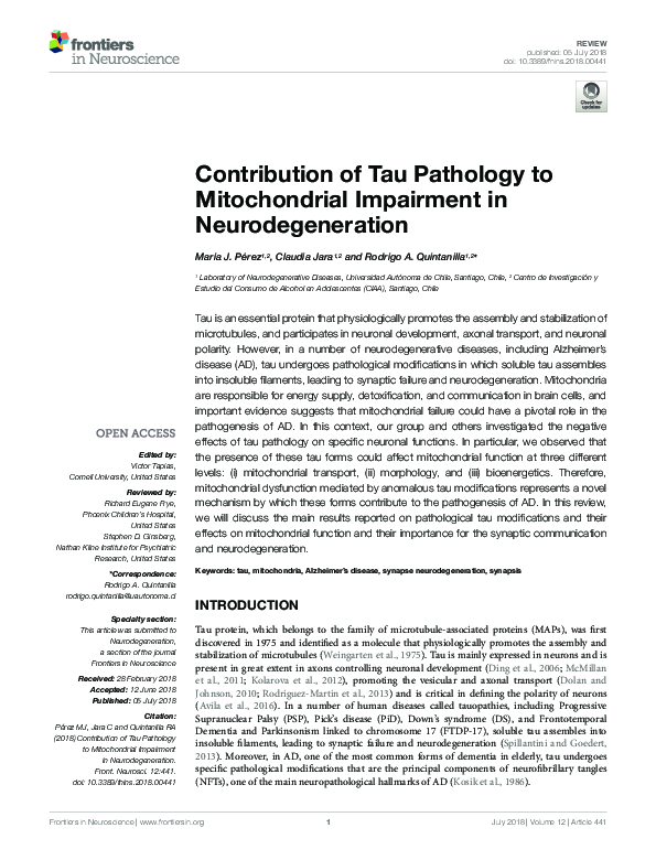 (PDF) Contribution of Tau Pathology to Mitochondrial Impairment in ...