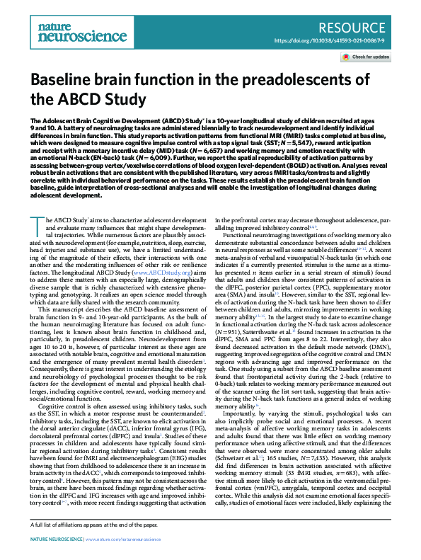 (PDF) Baseline brain function in the preadolescents of the ABCD Study