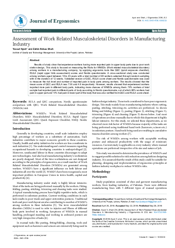 PDF) WMSDs Risk Assessment in Manufacturing Workers Using Ergonomics