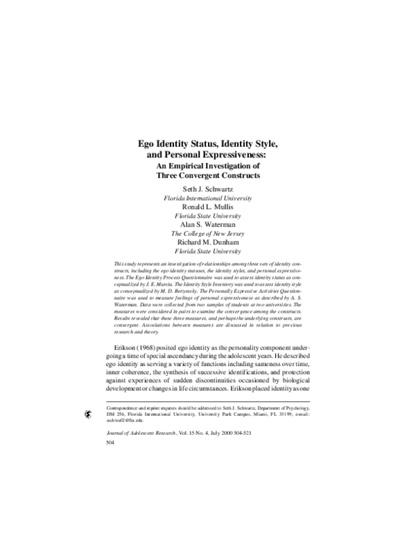 (PDF) Ego Identity Status, Identity Style, and Personal Expressiveness
