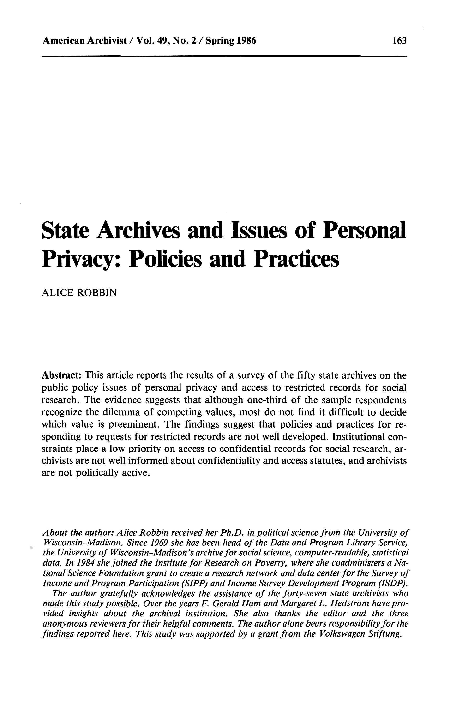 (PDF) State Archives and Issues of Personal Privacy: Policies and Practices