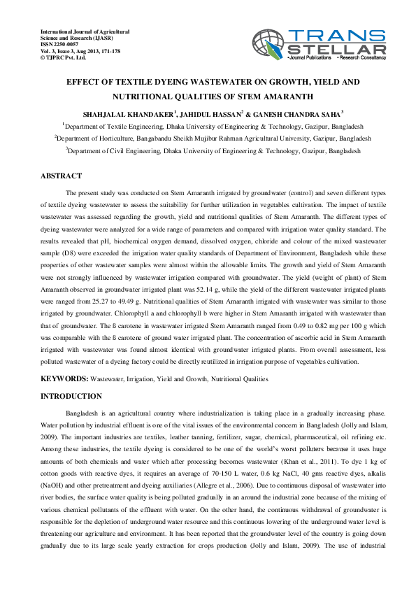(PDF) Effect of Textile Dyeing Wastewater on Growth, Yield and