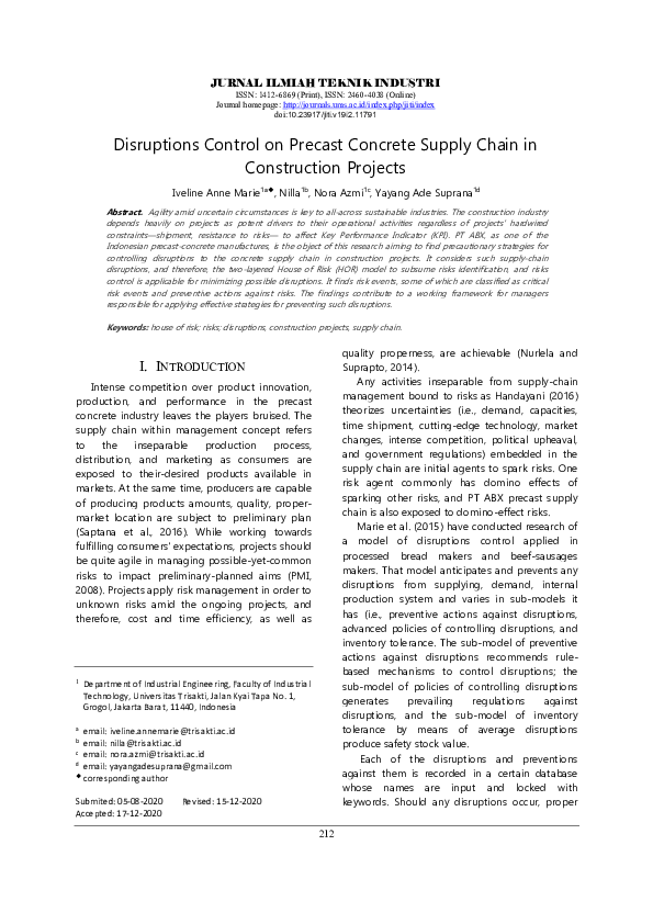 (PDF) Disruptions Control on Precast Concrete Supply Chain in