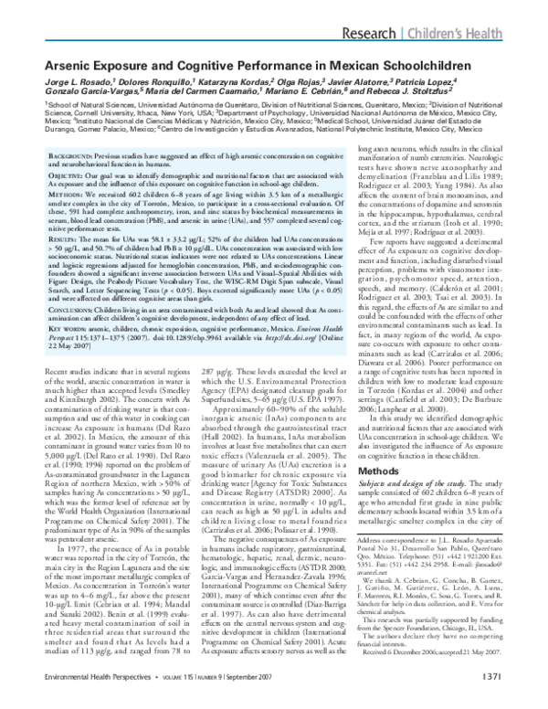 (PDF) Arsenic Exposure and Cognitive Performance in Mexican ...