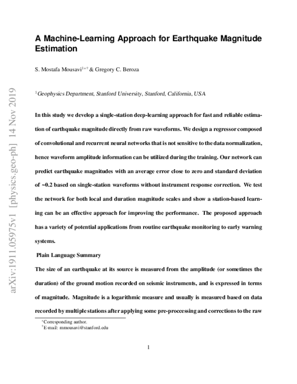 (PDF) A Machine‐Learning Approach for Earthquake Magnitude Estimation