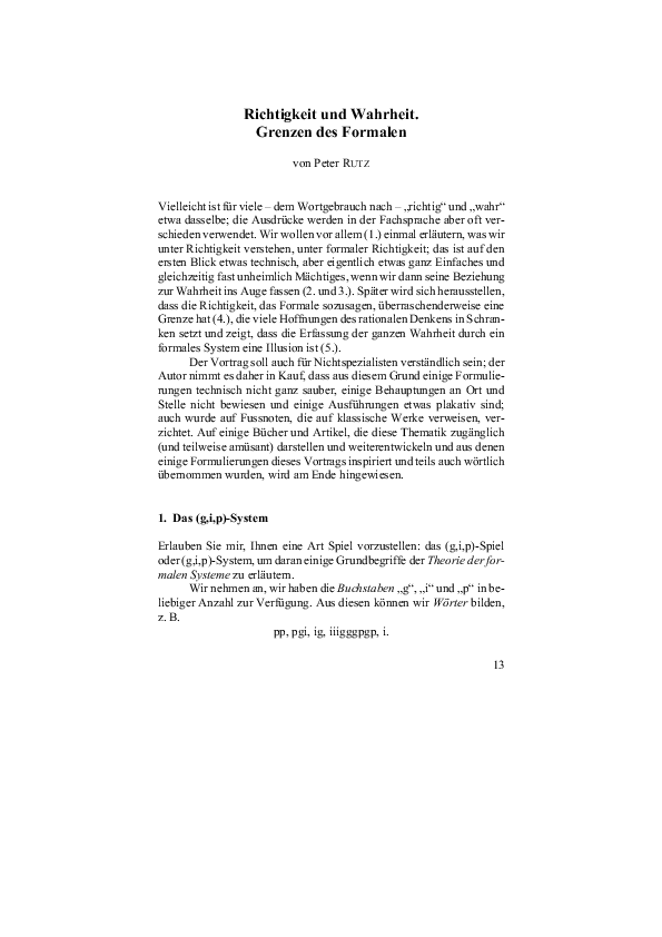 (PDF) Richtigkeit und Wahrheit. Grenzen des Formalen | Peter Rutz ...