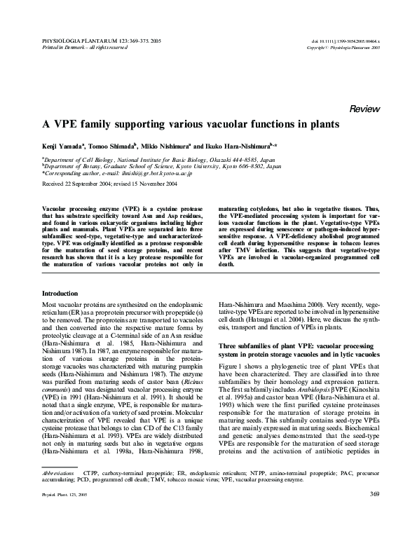 (PDF) A VPE family supporting various vacuolar functions in plants