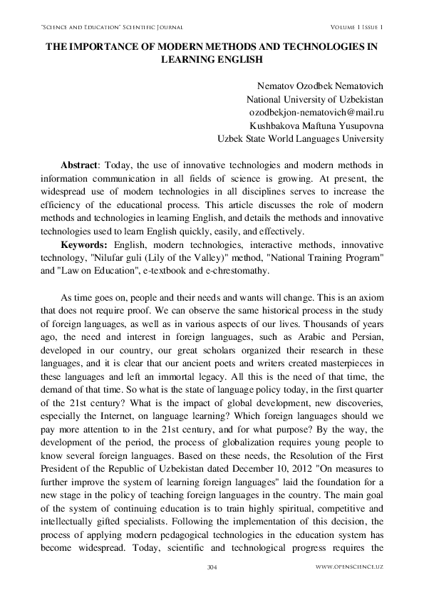 (PDF) The Importance of Modern Methods and Technologies in Learning English
