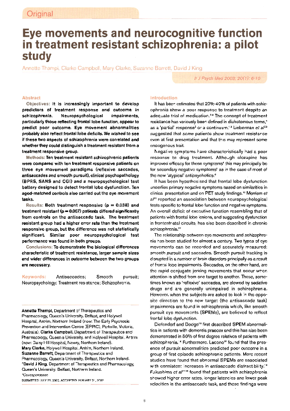 (PDF) Eye movements and neurocognitive function in treatment resistant ...