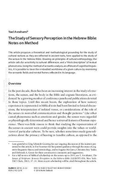 (PDF) The Study of Sensory Perception in the Hebrew Bible : Notes on Method