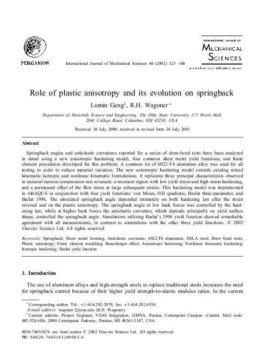 (PDF) Role of plastic anisotropy and its evolution on springback