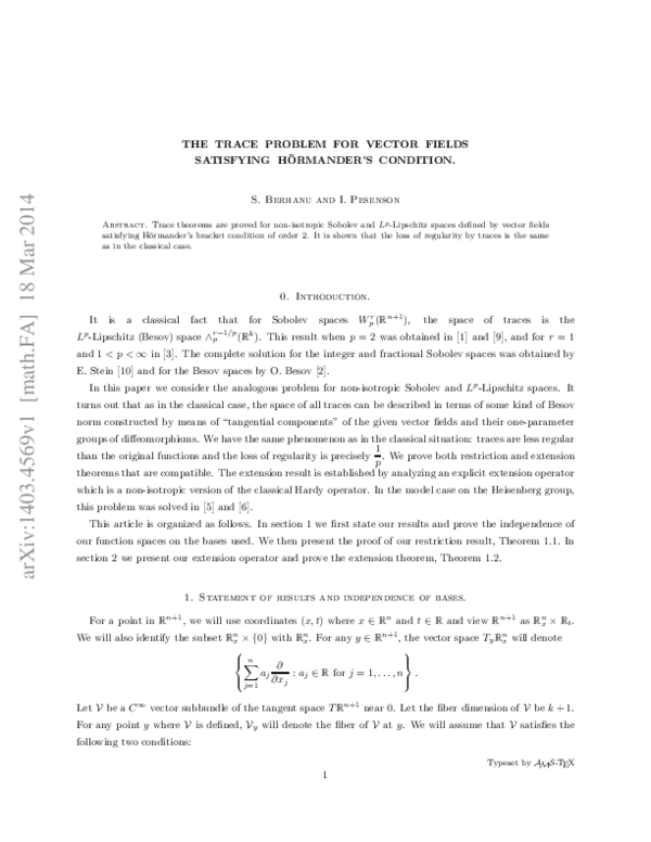 (PDF) The trace problem for vector fields satisfying Hörmander's condition