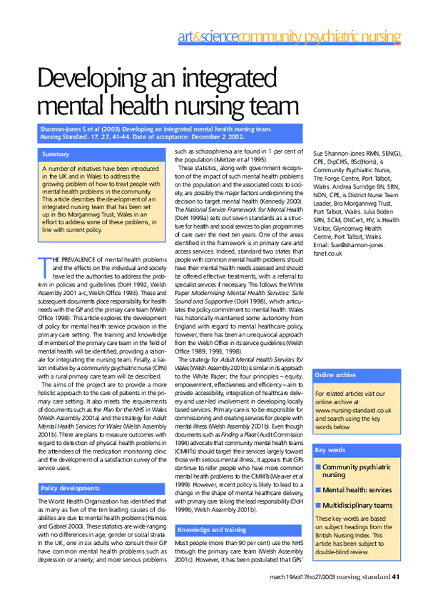 (PDF) Developing an integrated mental health nursing team