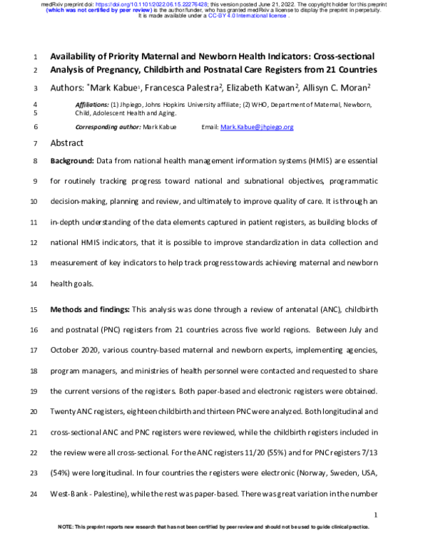 (PDF) Availability of Priority Maternal and Newborn Health Indicators ...