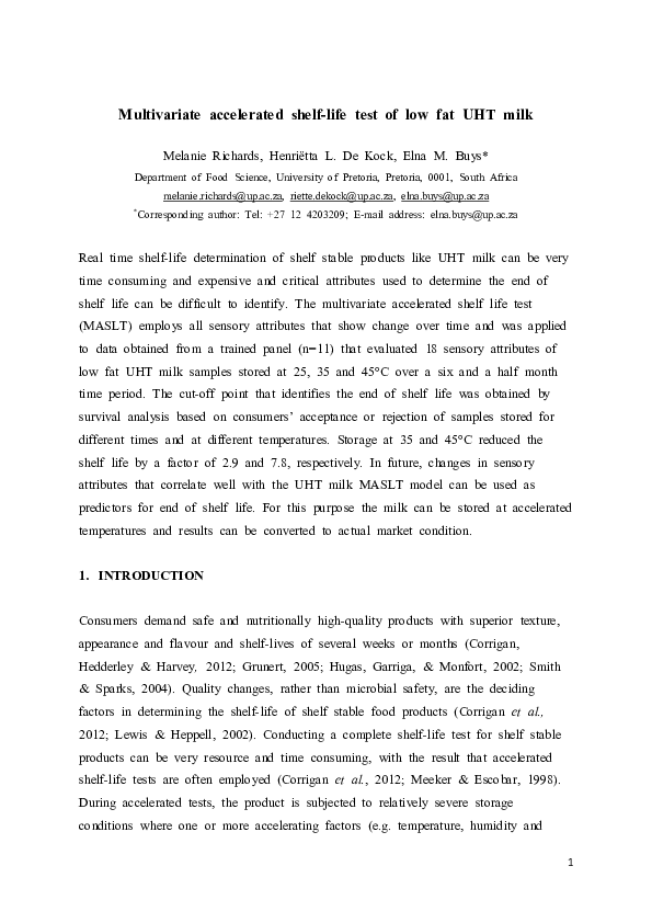 (PDF) Multivariate accelerated shelf-life test of low fat UHT milk