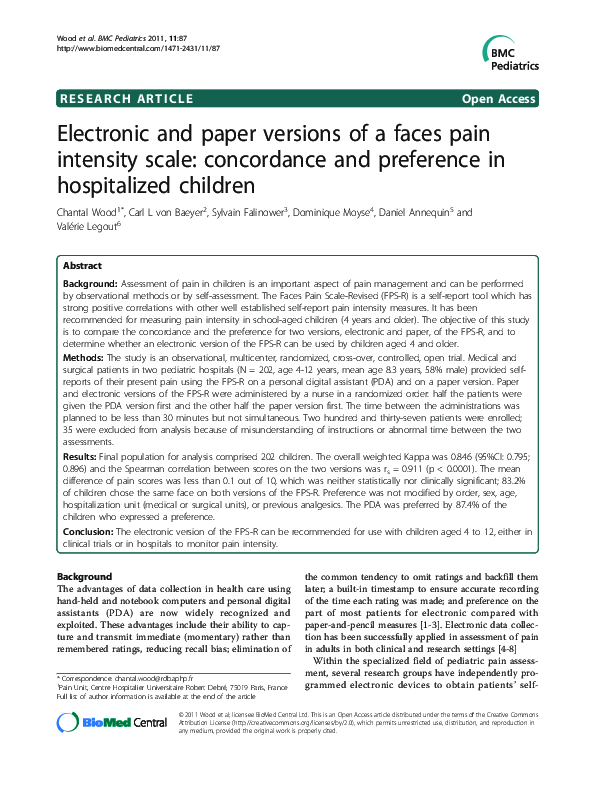 (PDF) Electronic and paper versions of a faces pain intensity scale ...