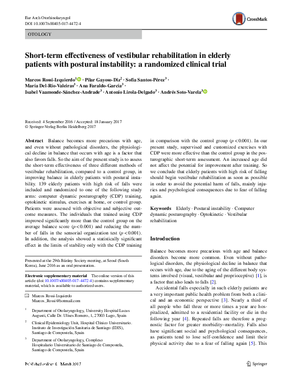 (PDF) Short-term effectiveness of vestibular rehabilitation in elderly ...