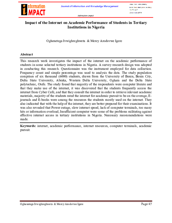 (PDF) Impact of the internet on academic performance of students in ...