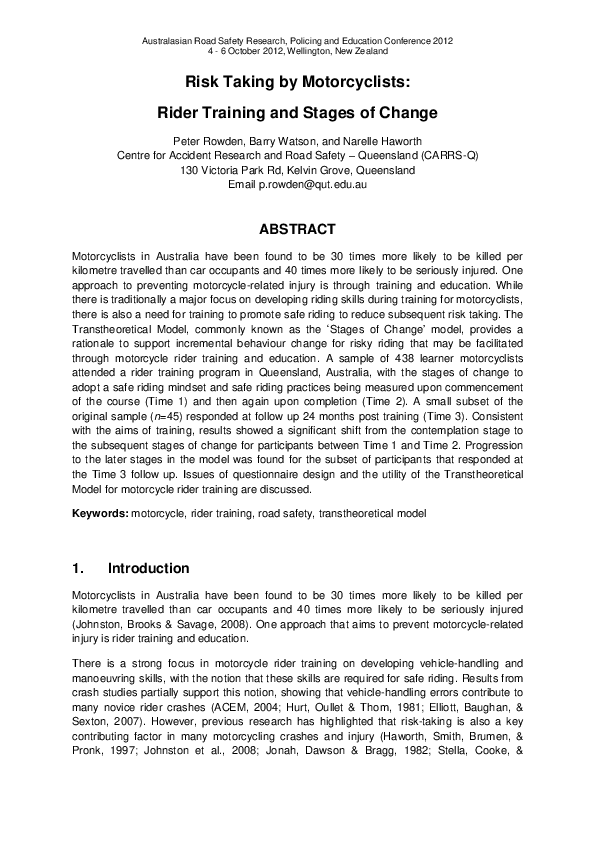(PDF) Risk Taking by Motorcyclists: Rider Training and Stages of Change