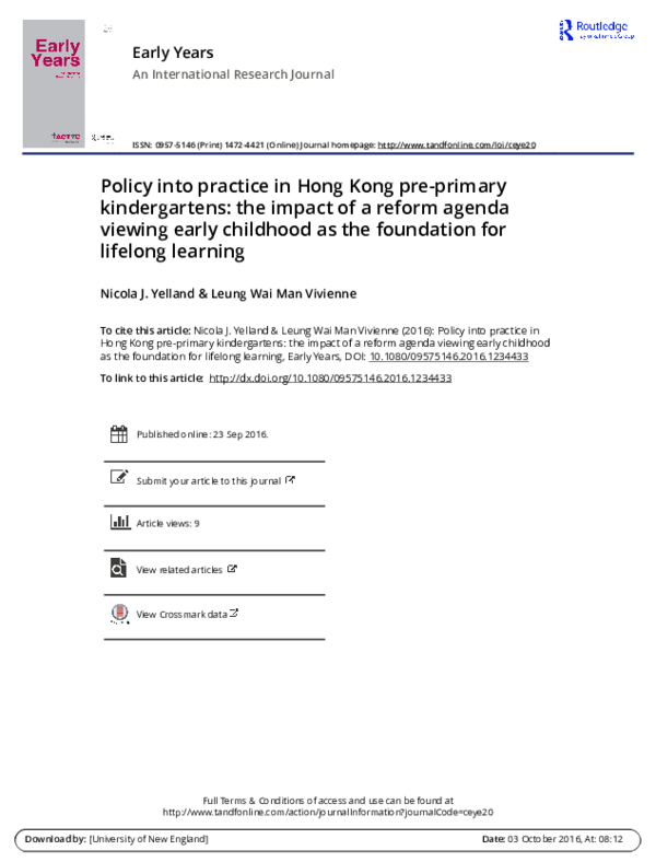 (PDF) Policy into practice in Hong Kong pre-primary kindergartens: the ...