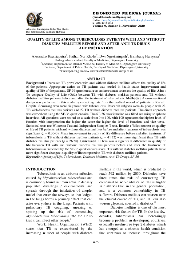 (PDF) Quality of Life Among Tuberculosis Patients with and Without ...