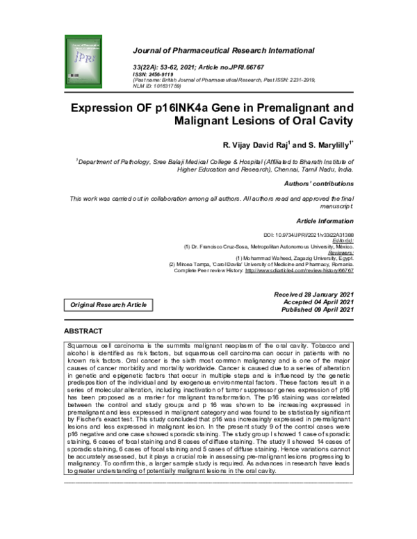 (PDF) Expression OF p16INK4a Gene in Premalignant and Malignant Lesions ...