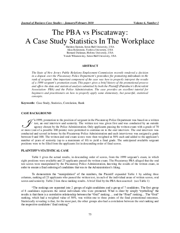 (PDF) The PBA vs Piscataway: A Case Study Statistics In The Workplace