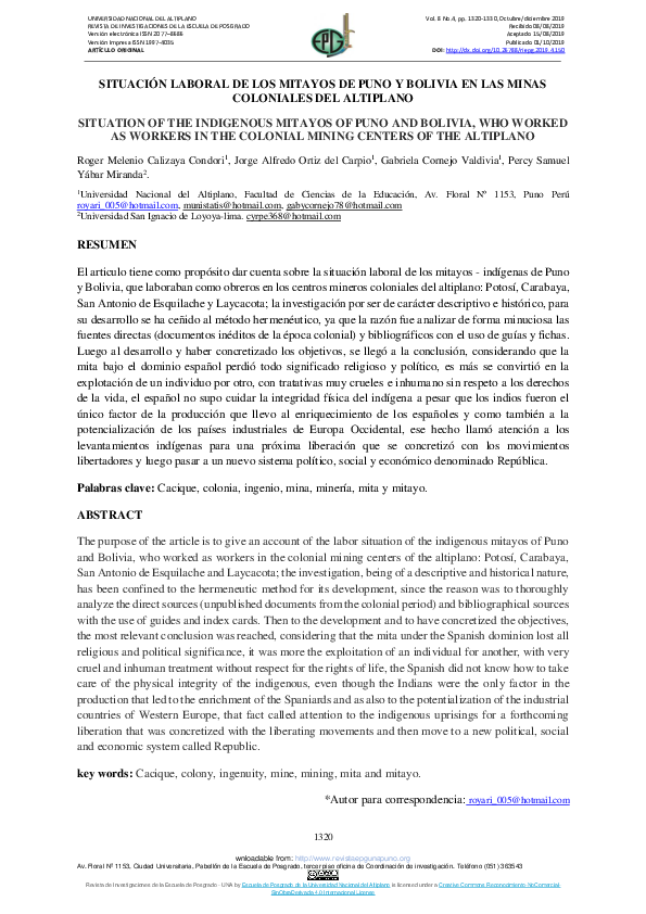 (PDF) Situación Laboral De Los Mitayos De Puno y Bolivia en Las Minas ...