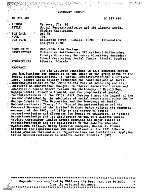 (PDF) Social Reconstructionism and the Alberta Social Studies