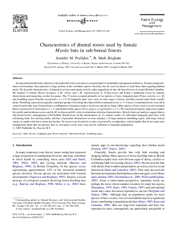 (PDF) Characteristics of diurnal roosts used by female Myotis bats in ...