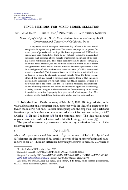 (PDF) Fence methods for mixed model selection