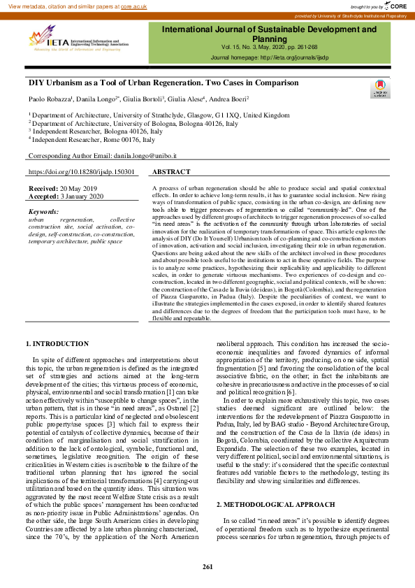 (PDF) DIY Urbanism as a Tool of Urban Regeneration. Two Cases in Comparison