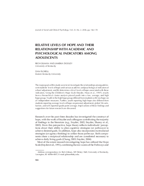 (PDF) Relative Levels of Hope and Their Relationship With Academic and ...