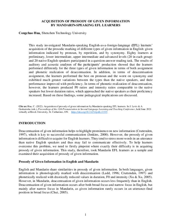 (PDF) Acquisition of Prosody of Given Information by Mandarin-Speaking ...