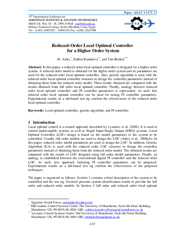 (PDF) Reduced-Order Local Optimal Controller for a Higher Order System