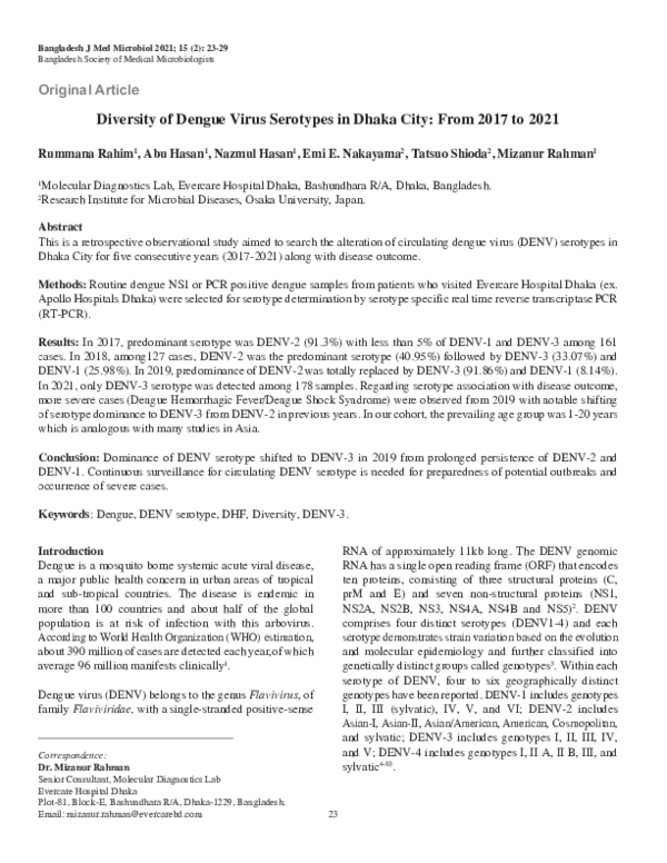 (PDF) Diversity of Dengue Virus Serotypes in Dhaka City: From 2017 to 2021