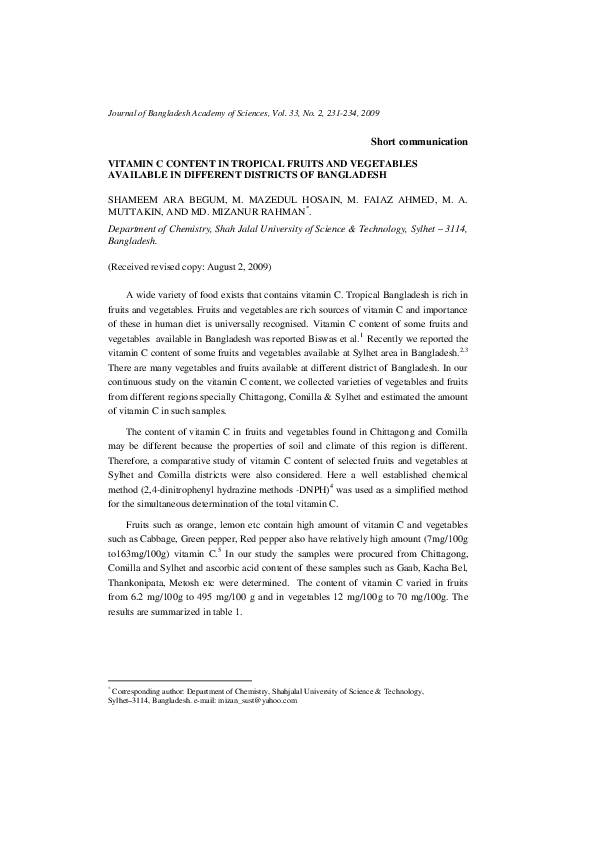 (PDF) Vitamin C Content in Tropical Fruits and Vegetables Available in