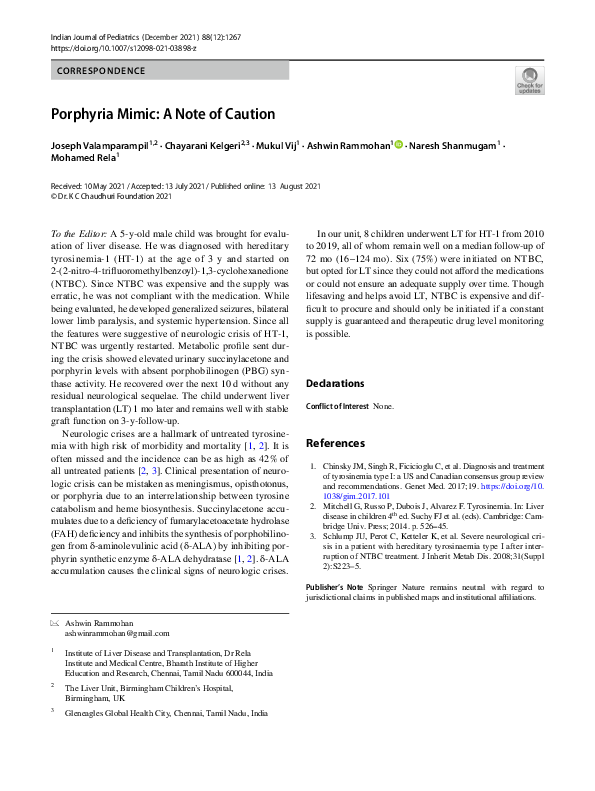 (PDF) Porphyria Mimic: A Note of Caution