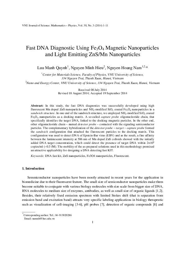 (PDF) Fast DNA diagnostic using Fe3O4 magnetic nanoparticles and light ...