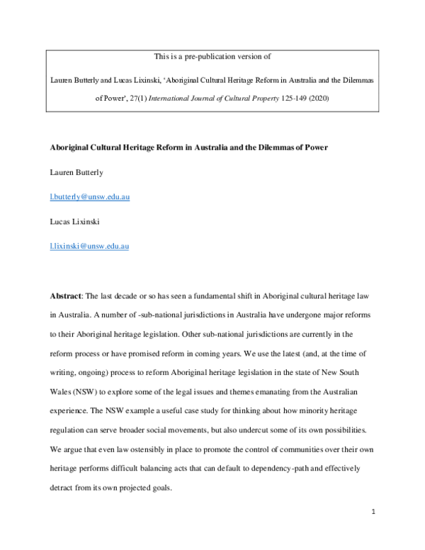 (PDF) Aboriginal Cultural Heritage Reform in Australia and the Dilemmas ...