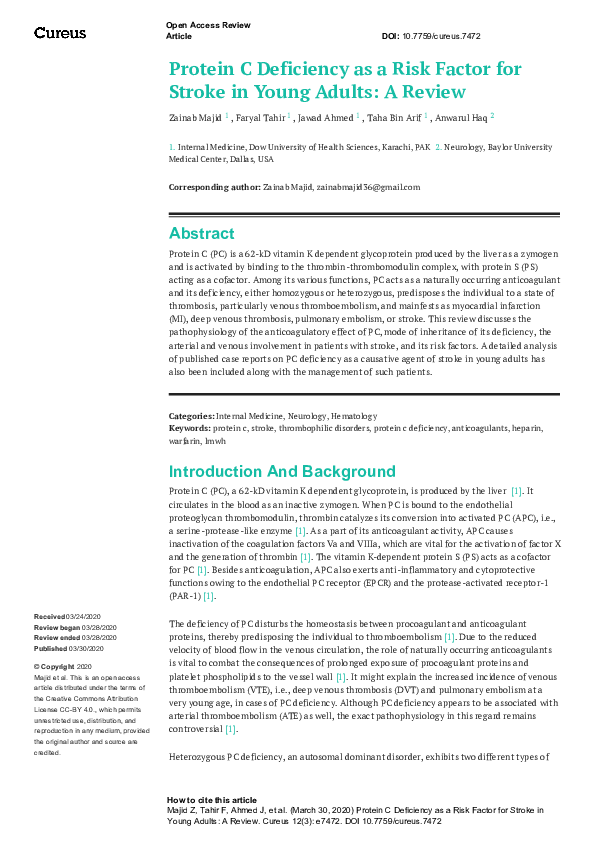 (PDF) Protein C Deficiency as a Risk Factor for Stroke in Young Adults