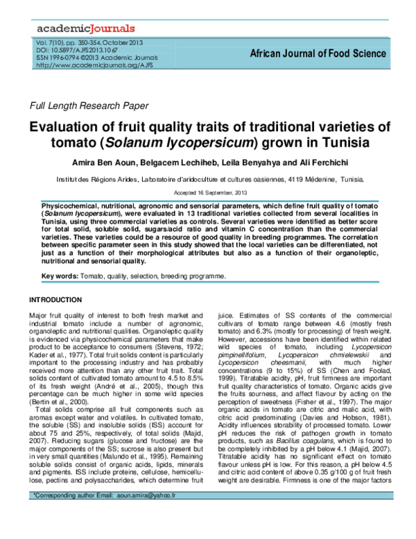 (PDF) Evaluation of fruit quality traits of traditional varieties of tomato (Solanum