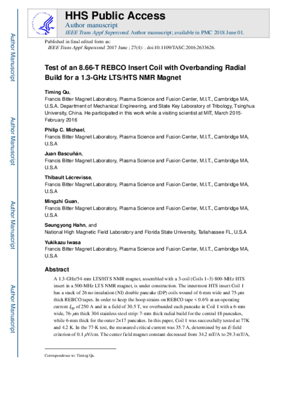(PDF) Test of an 8.66-T REBCO Insert Coil With Overbanding Radial Build ...