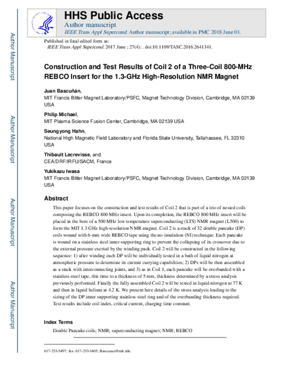 (PDF) Test Results of REBCO Coil 2 for 1.3-GHz NMR Magnet